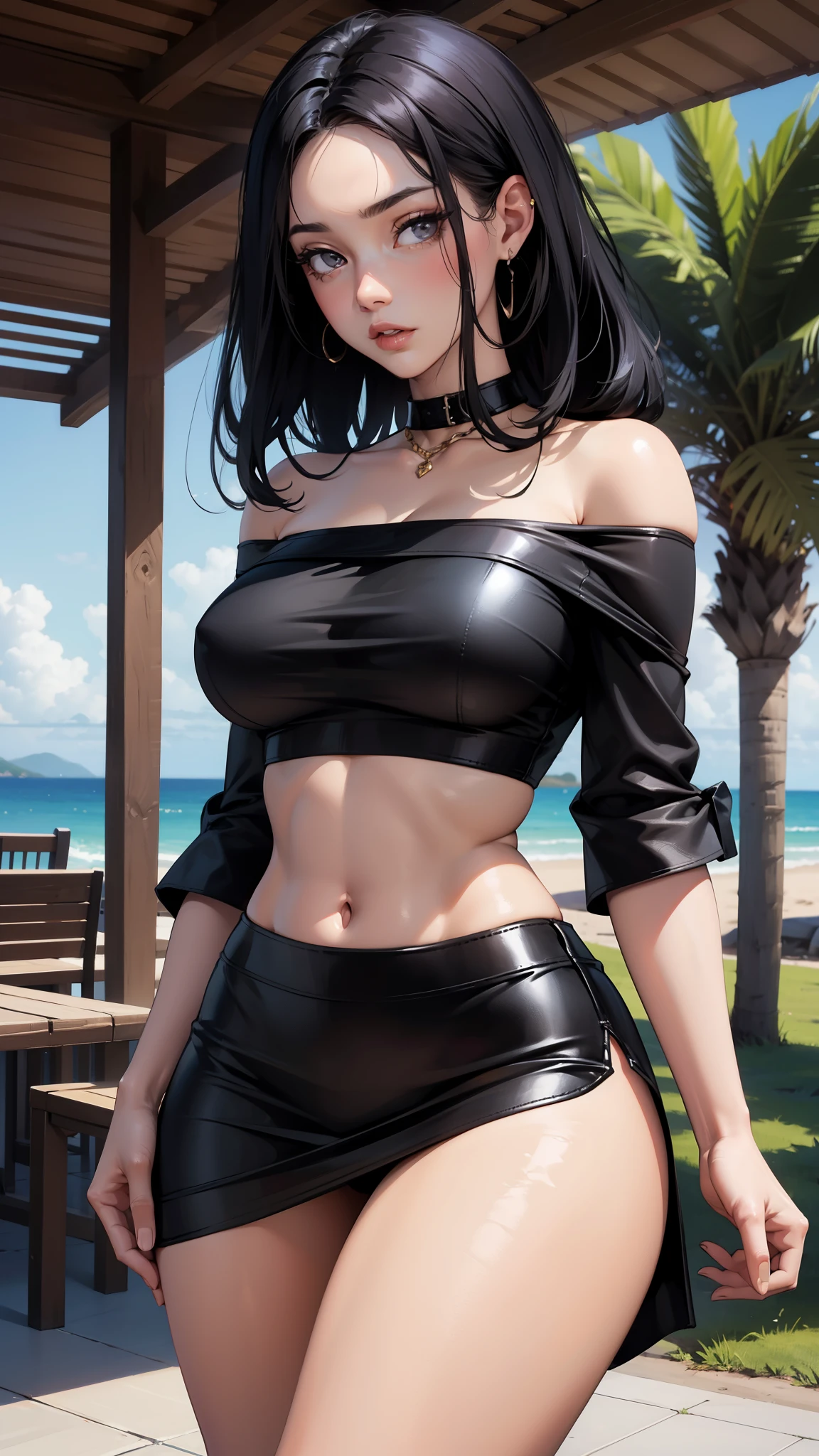 Sexy woman, black hair, off shoulder crop top, miniskirt, wide hips, thick thighs, beautiful face, amazing body, sultry pose, lustful expression