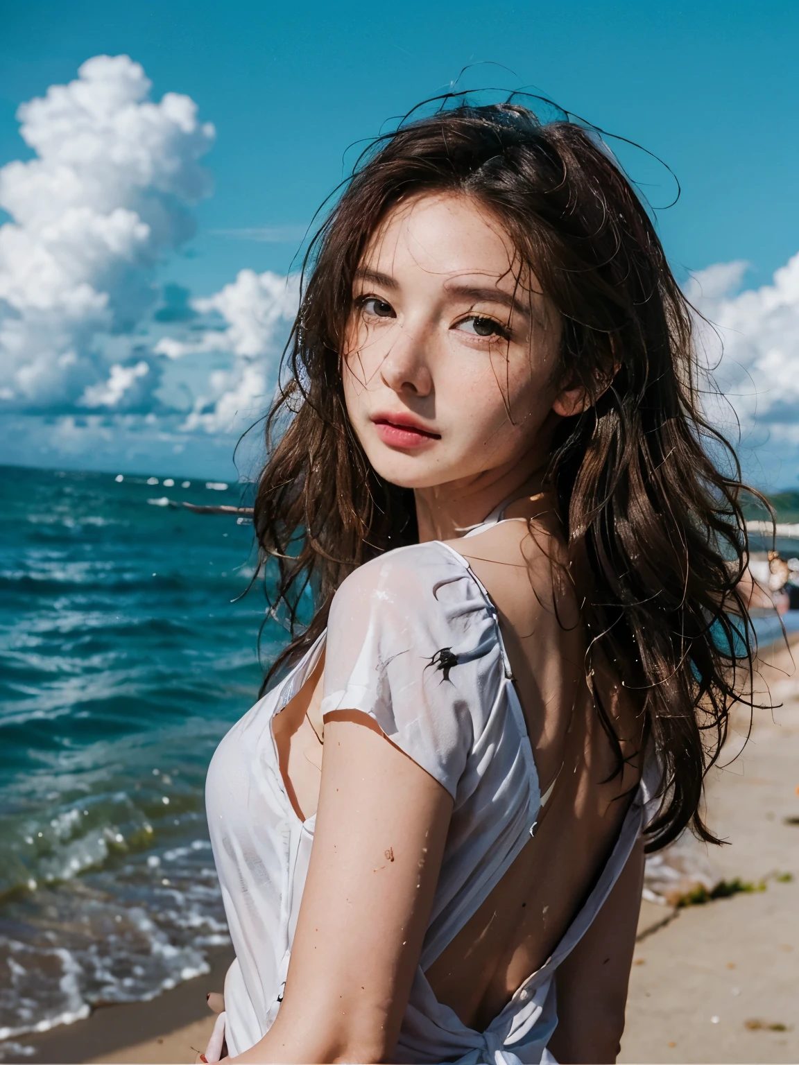 Nayeon,((close range)),My boyfriend is 30 years old.., Vietnamese Korean people wear lace bikinis, beach, By the sea, Age 24, brown hair bun, Big eyes, ((Half-body picture)), ((Reflective glossy face)), see front teeth, round face, Wet face, round obtuse face, Beautiful long eyelashes,long hair, ((Oily face)), Chin cut, messy hair, ((Big front teeth)), Bold makeup, Gray Tackle episode, 