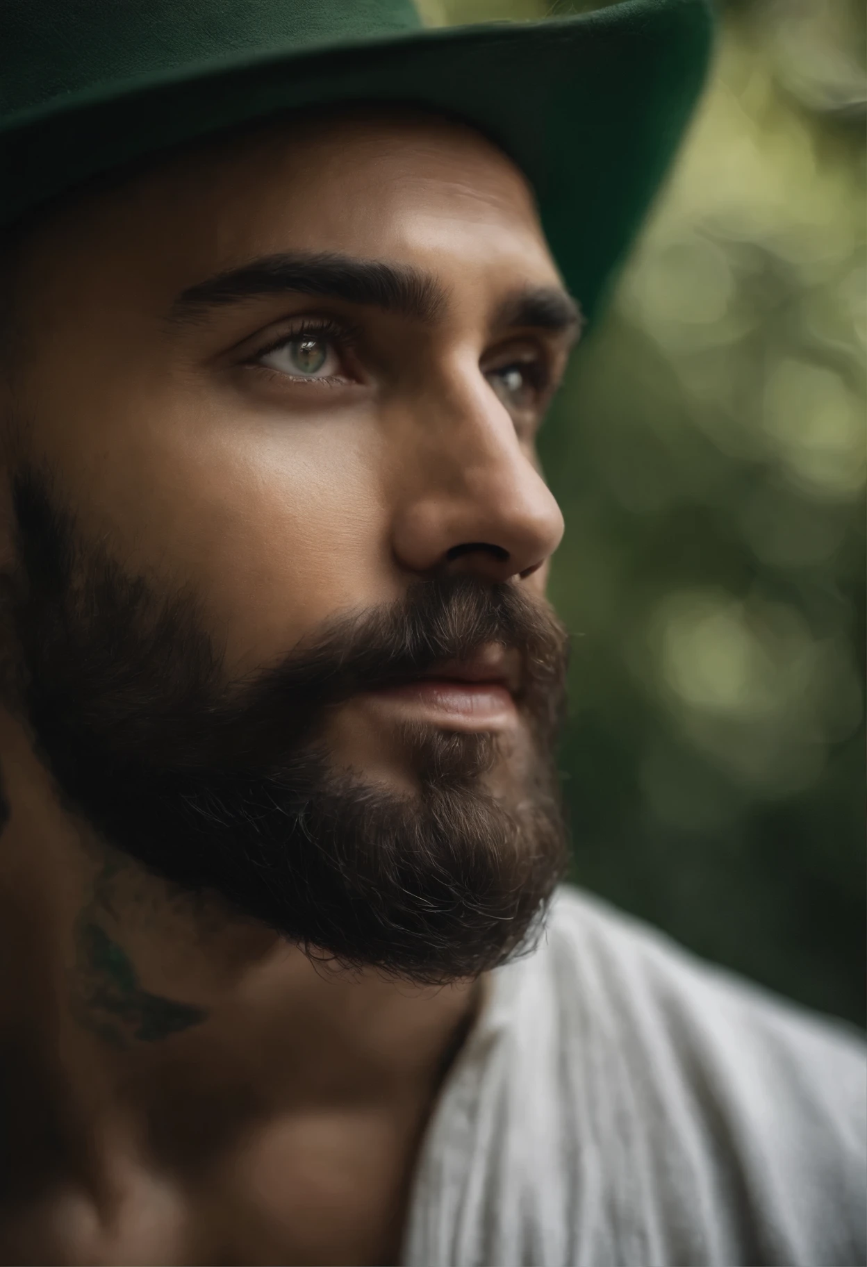 Hombre blanco con barba ojos verdes con tatuajes en un brazo sentado en la naturaleza 