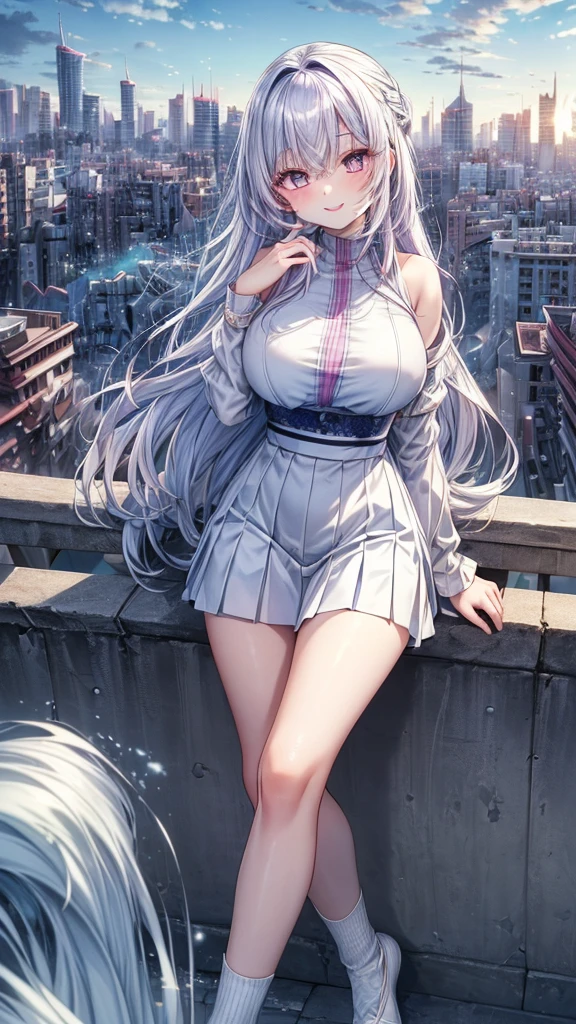 official art, masterpiece, sharp focus, (beautiful gorgeous cute Korean woman:1.3), (beautiful cute korean:1.3), korean beauty, Delicate and beautiful hair and eyes and face, realistic, ultra detailed, beautiful girl, blue sky, glow white particle, (sidelighting:1.2), sun light, white cloud, detailed clouds, slender, Lovely very large breasts and very large hips, smile with teeth, ((smile with eyes, open both eyes)), scenery, long straight hair, sexy facial expression, building, (cityscape:1.7), dynamic hair, long straight hair, detailed platinum purple hair, glow pink eyes, (blue pleated shirts + white skirt), white long socks, pale skin, hair ornament, epic scenery,