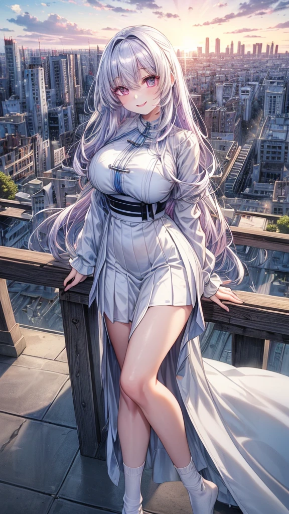 official art, masterpiece, sharp focus, (beautiful gorgeous cute Korean woman:1.3), (beautiful cute korean:1.3), korean beauty, Delicate and beautiful hair and eyes and face, realistic, ultra detailed, beautiful girl, blue sky, glow white particle, (sidelighting:1.2), sun light, white cloud, detailed clouds, slender, Lovely very large breasts and very large hips, smile with teeth, ((smile with eyes, open both eyes)), scenery, long straight hair, sexy facial expression, building, (cityscape:1.7), dynamic hair, long straight hair, detailed platinum purple hair, glow pink eyes, (blue pleated shirts + white skirt), white long socks, pale skin, hair ornament, epic scenery,