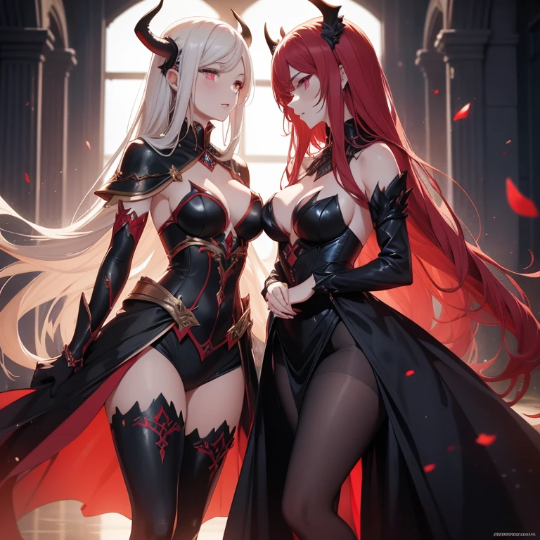 In the enchanting realm of fantasy, two adult women stand before you, their unique presence commanding attention. The first woman, alluring and seductive, boasts a pale blonde complexion and dons vibrant red attire. Her ample chest takes center stage, exuding an irresistible allure. Her style emanates that of the Juman, a mythical race known for their captivating beauty and enchanting power.
The second woman, an embodiment of darkness, presents herself as the very epitome of a devil. Her fiery red skin illuminates the air, creating an otherworldly glow. Horns grace her head, a symbol of her sin