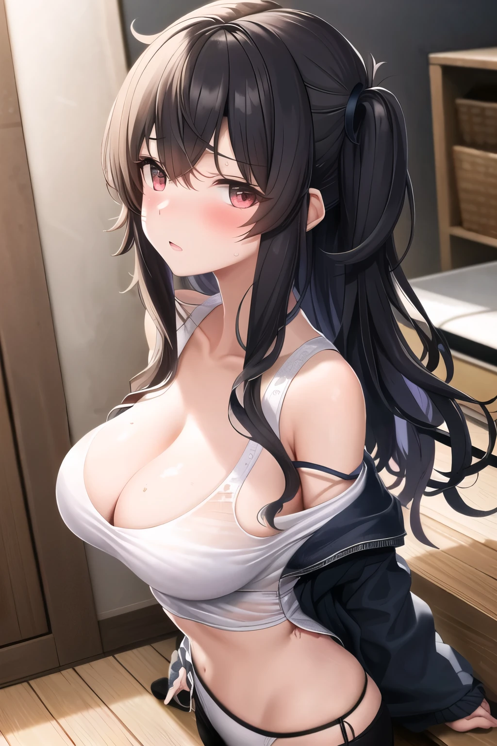 oppai showcase, kesikaran wagamama body, messy langerie on ground, 2women, Badly torn clothes teacher ladies teaching and trying to undress, disheveled uniform, off-shoulder, wet, mesh, bare shoulders, unzipped, full breasts, {{large breasts}}, humiliated, shameful, surprised, embarrassed, glad, portrate