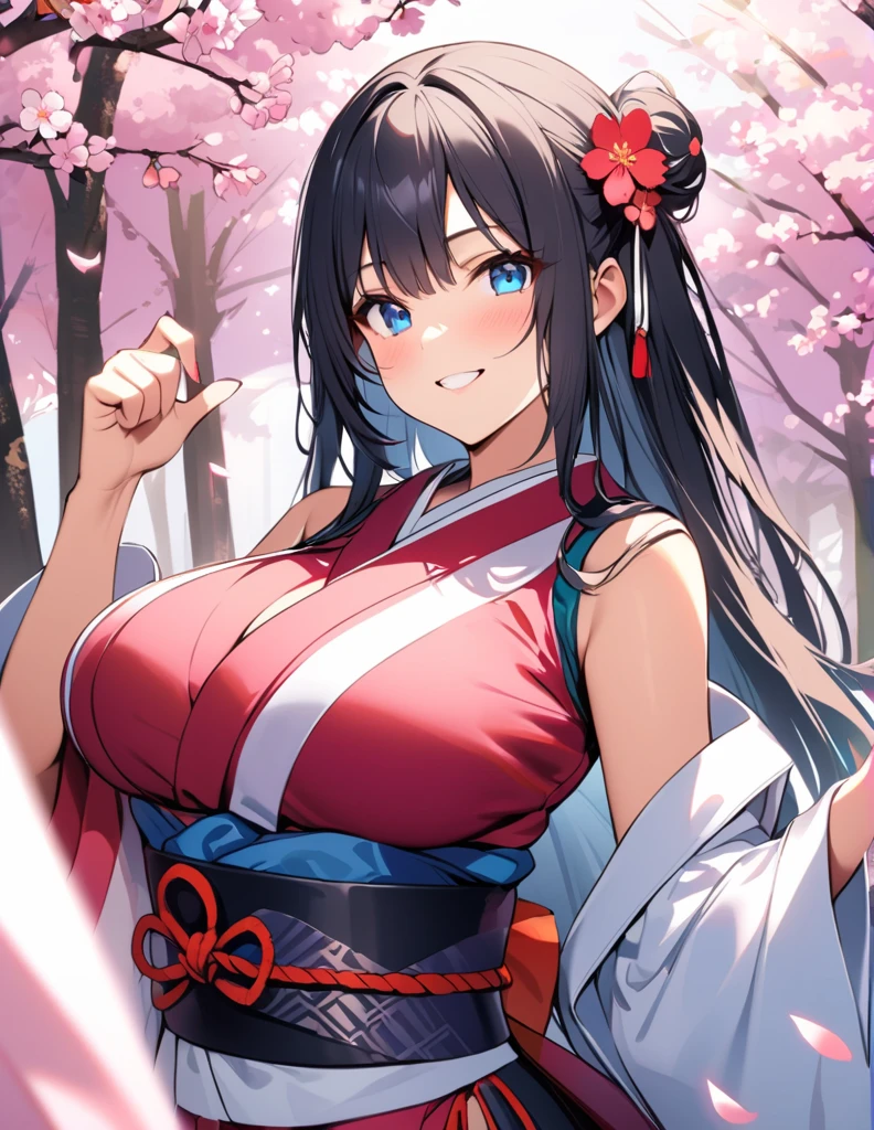 {creation、high quality、Highest image quality、4K}、beautiful woman with big breasts、black hair、blue eyes、japanese samurai、long hair、smile、cherry blossoms、