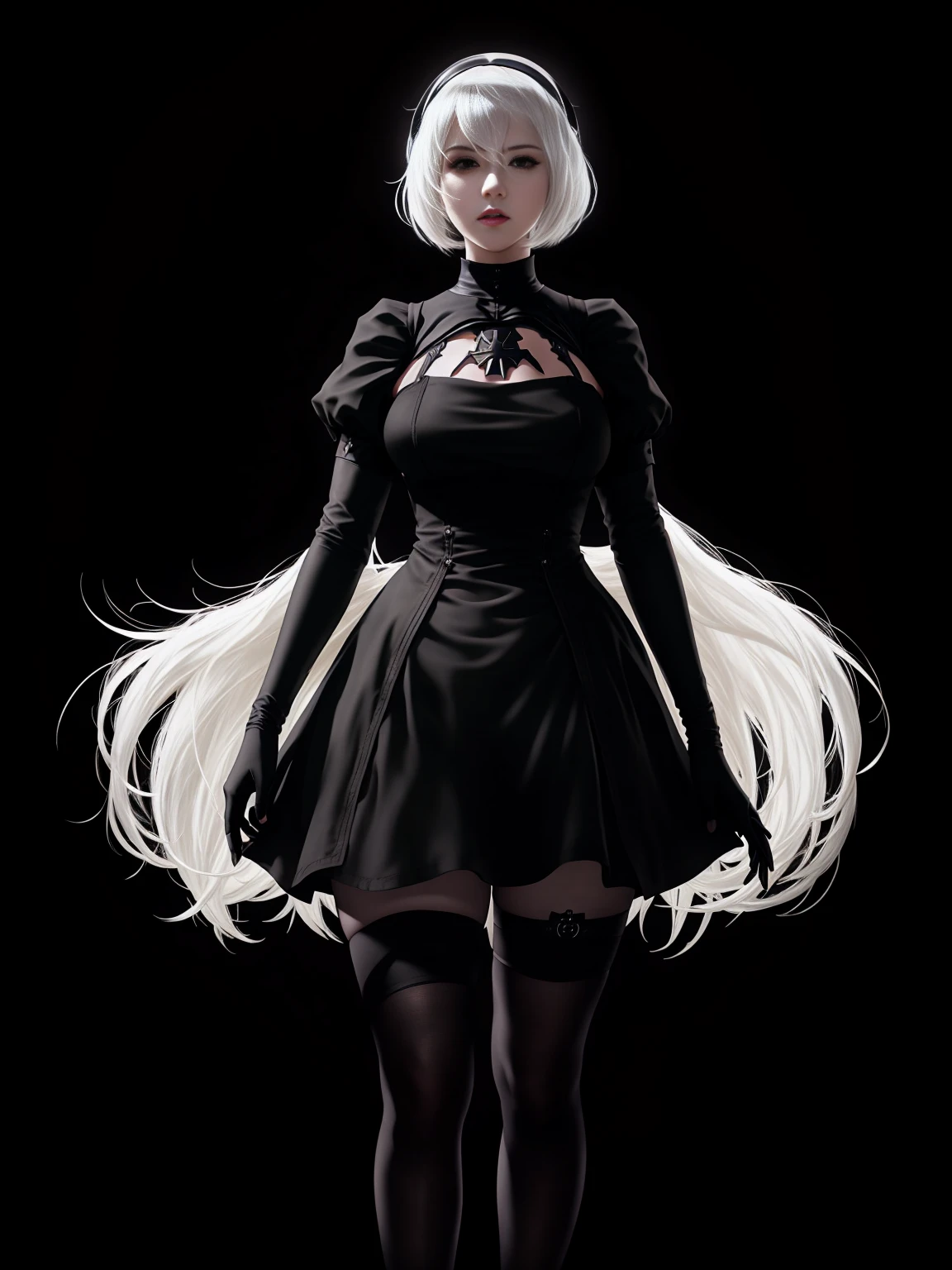 there is Nier: Automata's YoRHa No. 2 Type B , white hair, alluring expression, very bold, upper visible, full body photo, standing legs apart, pale translucent glowing skin, most beautiful face, cute, ((dark plain black background:1.4))