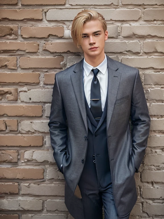 (man 22 years old) (full-length photo) (against a brick wall) (man has blond hair, oval face stretched upwards, hairstyle - haircut, hair length - 8 cm) (color Porta 160, taken on ARRI ALEXA 65) (unprocessed photo) (perfect angle) (man is wearing a coat and business suit) (natural light)