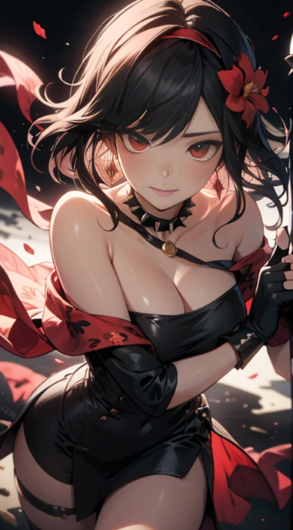 yor briar, anime style beutiful woman, 1girl, happy, sexy pause,(with sparkling eyes and a contagious smile:0.9),red face, closed mouth, beautiful detailed eyes, super detailed skin, backlighting, bare shoulders, black background, black dress, black gloves, black hair, breasts, dress, earrings, fingerless gloves, floating hair, floral print, flower, gloves, gold earrings, gold hairband, hair flower, hair ornament, hairband, holding, holding weapon, jewelry, large breasts, long hair, looking at viewer, off-shoulder dress, off shoulder,red eyes, short hair with long locks, sidelocks, solo, spikes, thighs, two-sided dress, two-sided fabric, weapon, fighting stance , face, close up, from above, highest quality, looking at viewer,high resolution.