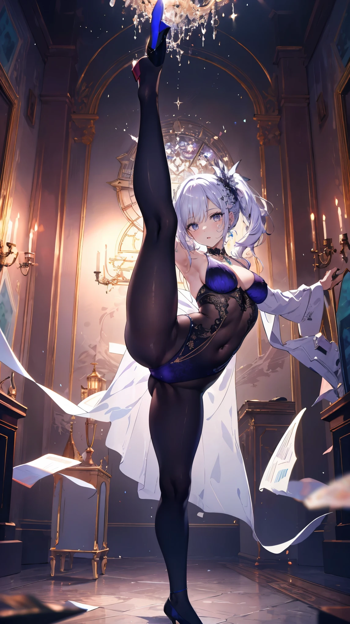 High definition RAW color art, animation,sculpture, Silver Marble Skin, (((Ultra detailed elegant))), magical atmosphere, fine skin, texture,(intricately detailed, small details, Super Detail Art), Depth of field, Bokeh,silky Touch, hyper detail, (pastel purple), beautiful eyes, elegant face, casual jacket, (full body), neckless, room, enormous breast, big breast, opened breast, standing splits:1.3