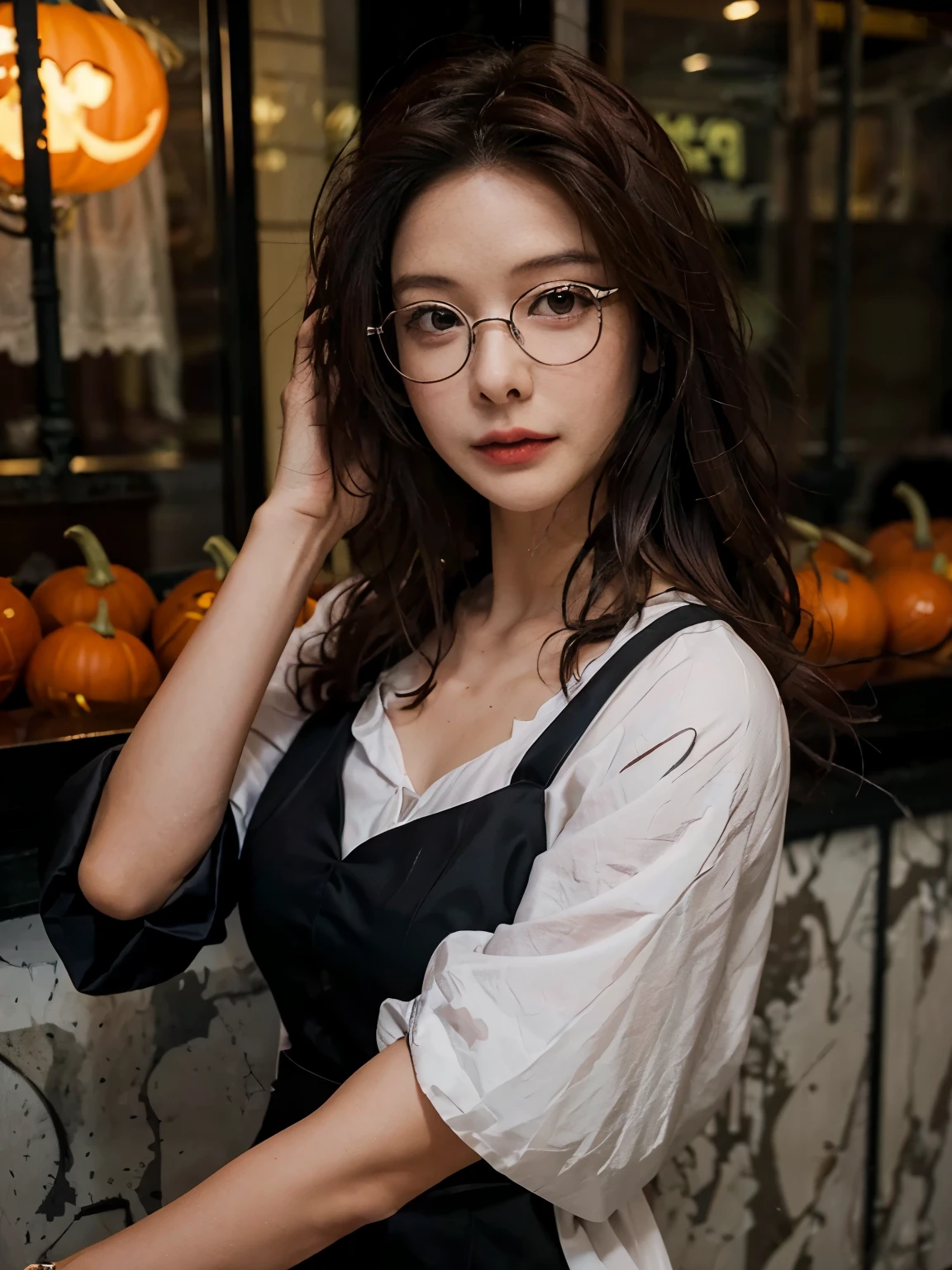Vietnamese Korean girl, young witch cosplay, pumpkin lantern, Halloween Theme, Eyeglasses, witch's broom, Bird's-eye view