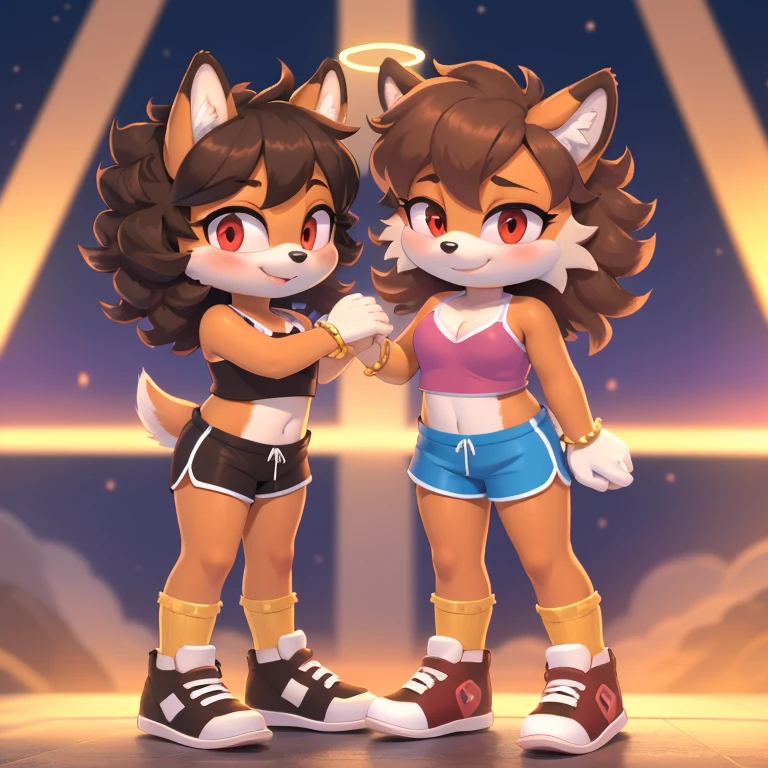 mobian, hedgehog, two-tone fur ((orange fur, brown fur)), pyjama elastic shorts, strapless crop top, cleavage, high-top sneakers, two-tone hair (brown hair, black tip)), curly hair, halo, sunglasses, jewelry, red eyes, longeyelashes, red eyes, smile, shy, blush, high detail, masterpiece, UHD, anatomically correct, super detail, highres, 4K