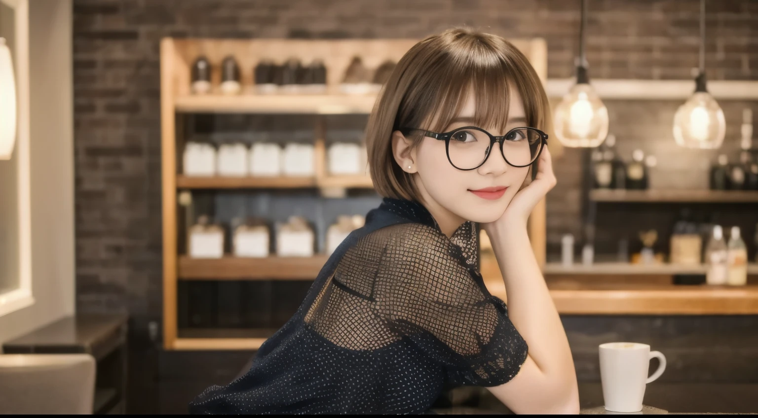 super high quality, Short Hair, Slender, Gravure photoshoot, The staff is working at the counter in the back., (8k、RAW Photos、highest quality、masterpiece:1.2), Japanese Idol, Shaggy, Stylish café, (Realistic、Photorealistic:1.37), Mesh Hair, Normal chest, Urban Cafe, Golden Ratio, Raw photo, Cute face , Light Brown Hair, Bright cafe interior, Blurred Background, Spring Clothes, A sweet expression, Black-rimmed glasses, Watching the audience, Beautiful hairstyle, 20-year-old, Hair blowing in the wind, Neat clothes,