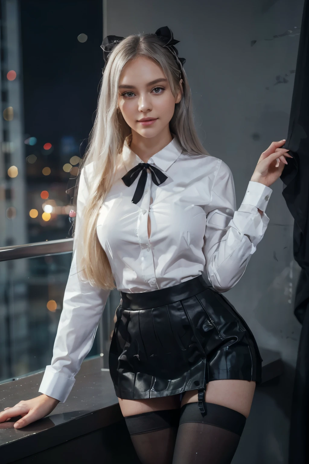 A captivating photo of a woman in a white shirt and black skirt against the backdrop of a bustling city, The image showcases a shallow depth of field, with bokeh effects enhancing the city lights, creating an alluring contrast, Sharp focus is given to her expressive light blue eyes and plump, realistic lips, while her golden locks cascade gracefully, This UHD, photo-realistic masterpiece, with its high resolution and raw authenticity, truly embodies the essence of realism (reallistic: 1.2), slender body, slender legs, argus \(azur lane\), long silver hair, smiling face, tall, mature, head ornaments, black stockings, argusschool, high heels, black thigh highs, black skirt, white shirt 