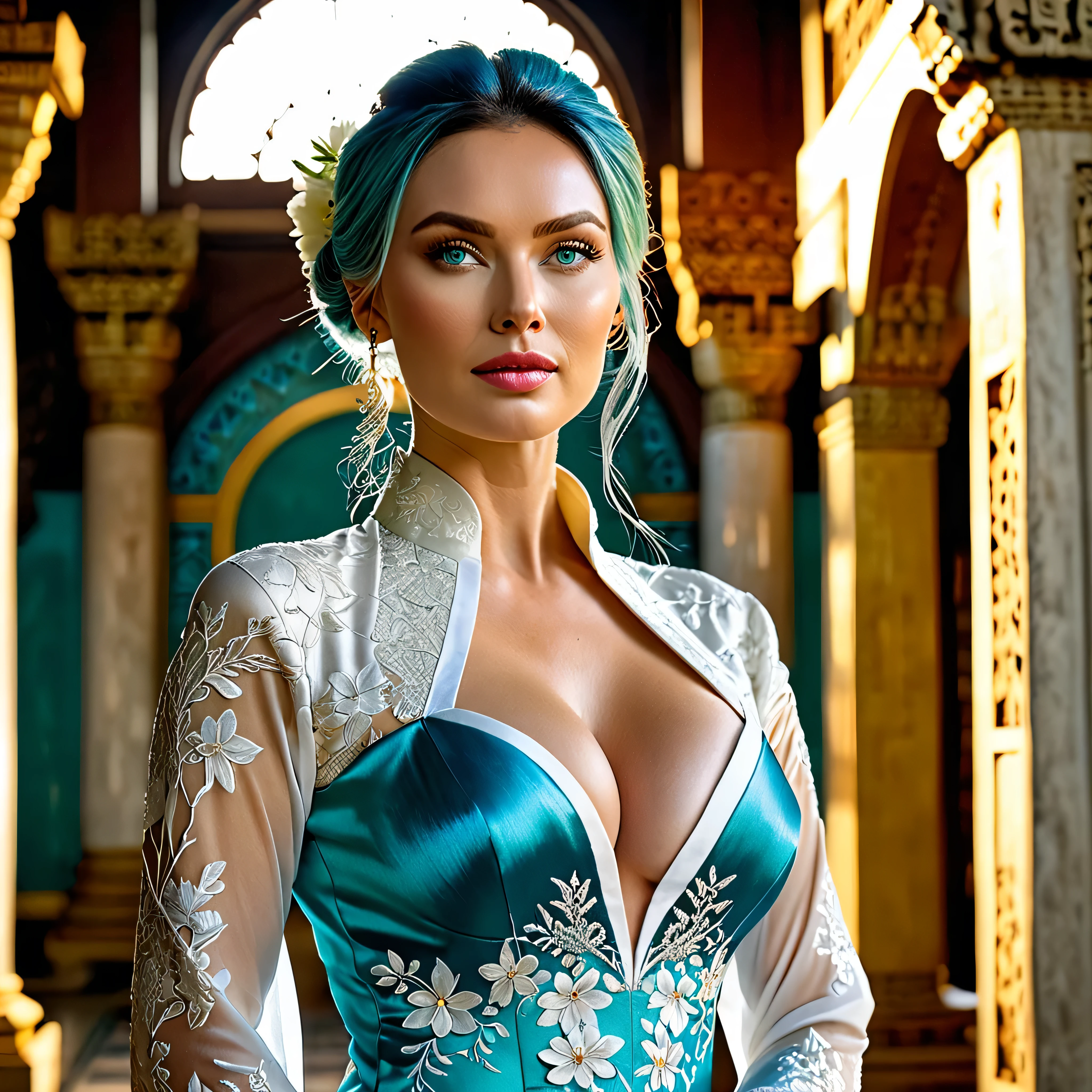 Generate a (hyperdetailed, realistic, Full Body), photo of (Nia, a serene smile), (((turquoise color eyes))), (((long, silky, straight, Ombre blend of shimmering silver and celestial blue hair))), (((Her long, silky hair is styled in a styled in a sleek updo, with wisps of hair framing her face for a soft and romantic look, and adorned with delicate floral accessories adding a touch of femininity, ))), (fair skin:1.4), (((Massive round natural breasts with deep cleavage))), (Massive round natural breasts:1.8), (Greek and Russian mix ethnicity), (hourglass figure, perfect body, NSFW, perfect anatomy, masterpiece, best quality, Fantasy setting). ((She is wearing a white color Javanese Kebaya, the soft fabric complementing her curves)). (((Full body))), Envision Nia dressed in the exquisite white color Javanese Kebaya, standing before a majestic ancient temple adorned with intricate carvings and towering spires. Stone walls of the temple bear the marks of centuries past, hinting at the rich history and cultural significance of the land. As the sun sets in the distance, casting a warm golden glow upon the scene, Nia's elegant figure is partially framed, allowing the viewer to appreciate her attire and posture. Industrial Light & Magic and wetafx vfx, adjust the exposure settings to brighten the image and bring out more detail, while increasing the contrast to add depth and clarity, (Fit, Athletic, Tall), (Massive round natural breasts), (Highly detailed facial and skin texture), (Best quality, ultra detailed, Golden ratio, Masterpiece:1.2), (Theatrical lighting:0.7, Perfect rare face), (Highly detailed skin), skin texture, Pale skin, shiny skin, (thin, large size:1.2), [:(Sharp focus on rare face, perfect eyes:1.2):0.2], hyperdetailed photography, UHD, realistic skin texture, shot with Canon EOS 5D Mark IV, highly detailed, sfumato and chiaroscuro photography by AGSI / Artificial Ghost in the Shell Intelligence, Roger Deakins Cinematography, directed by Ridley Scott.
