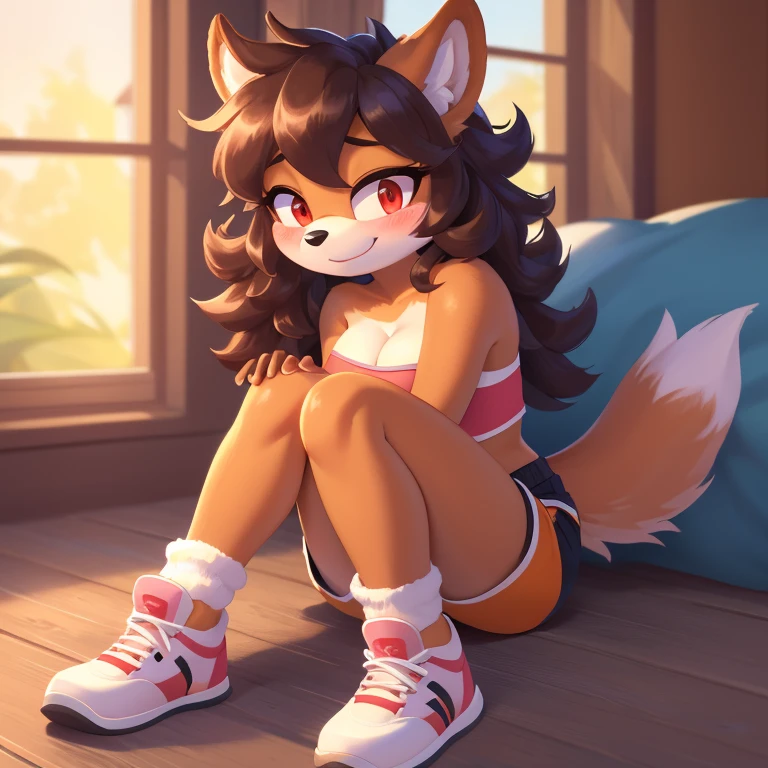 mobian, hedgehog, two-tone fur ((orange fur, brown fur)), pyjama elastic shorts, strapless crop top, cleavage, high-top sneakers, two-tone hair (brown hair, black tip)), curly hair, halo, sunglasses, jewelry, red eyes, longeyelashes, red eyes, smile, shy, blush, high detail, masterpiece, UHD, anatomically correct, super detail, highres, 4K