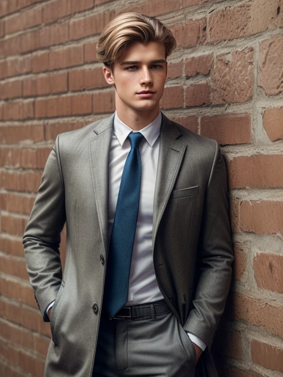 (masterpiece,best quality,photorealistic) (man 22 years old) (full-length photo) (against a brick wall) (man has blond hair, oval face stretched upwards, hairstyle - haircut, hair length - 8 cm) (color Porta 160, taken on ARRI ALEXA 65) (unprocessed photo) (perfect angle) (man is wearing a coat and business suit) (natural light)