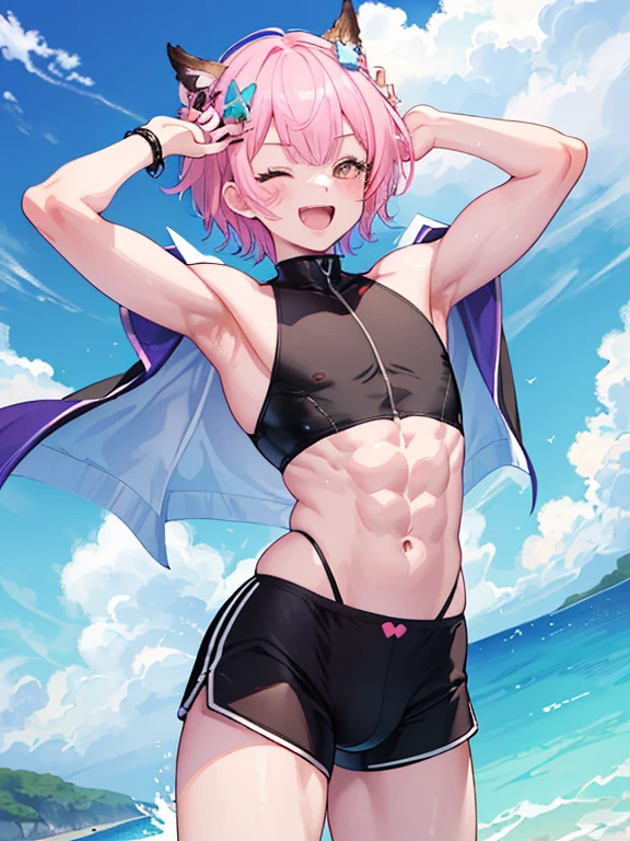 (highest quality,very detailed,masterpiece,super detailed,boy,) (((male focus,1boy))), (((otokonoko))),curvy,((male,man)),Swimming Bikini、Astolfo、2 people,side,

a collection of a variety of male anime characters in swimsuits in pictures, abs, male focus, bulge, male swimwear, muscular, muscular male, nipples, navel, blush, multiple boys, bara, short hair, swim briefs, beach, large pectorals, open mouth, outdoors, one eye closed, armpit hair, 
absurdres, highres,bulge,short pants,king,
BREAK
gal girl wearing gal fashion, smile, bewitching grinning, smirk, colorful,kawaiitech, pastel colors, kawaii, cute colors,kawaiitech, pastel colors, kawaii, cute colors