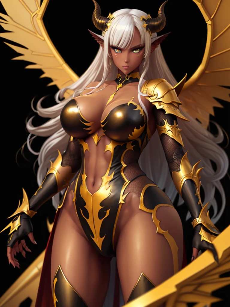 Female devil in hell,dark gold hair,yellow eye,black and yellow costume, armor and wing made from bone animal