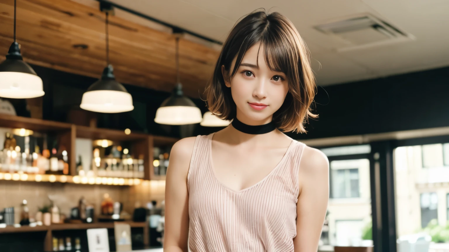 super high quality, Short Hair, Slender, Gravure photoshoot, The staff is working at the counter in the back., (8k、RAW Photos、highest quality、masterpiece:1.2), Japanese Idol, Shaggy, Stylish café, (Realistic、Photorealistic:1.37), Mesh Hair, choker, Normal chest, Urban Cafe, Golden Ratio, Raw photo, Cute face , Light Brown Hair, Bright cafe interior, Blurred Background, Spring Clothes, A sweet expression, Watching the audience, Beautiful hairstyle, Spoiled, Hair blowing in the wind, Neat clothes, 18-year-old, 
