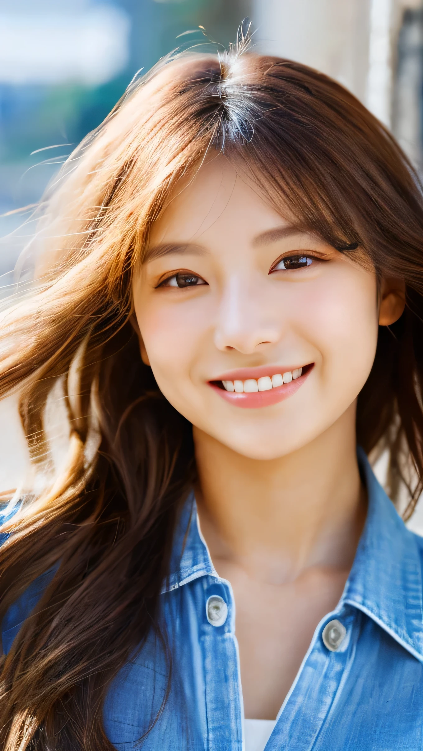((( Feminine white blouse))),((Mastepiece,Photorealistic)), (((8K,Best Quality: 1.5))), ((Super Detail: 1.5)) , Cute Woman,Beautiful woman,Japanese,Age 25,((sunny day,Station platform)),Ultra-detailed facial features, (((smile))), Detailed Texture, Natural Skin Shader, photograph,Full Body,Ultra-high resolution,Beautiful Japanese women,(((best quality))),Realistic eyes,Brown eyes,Realistic Skin,Golden Ratio,((Brown Hair,Long Hair:1.3),Glowing, firm and radiant skin