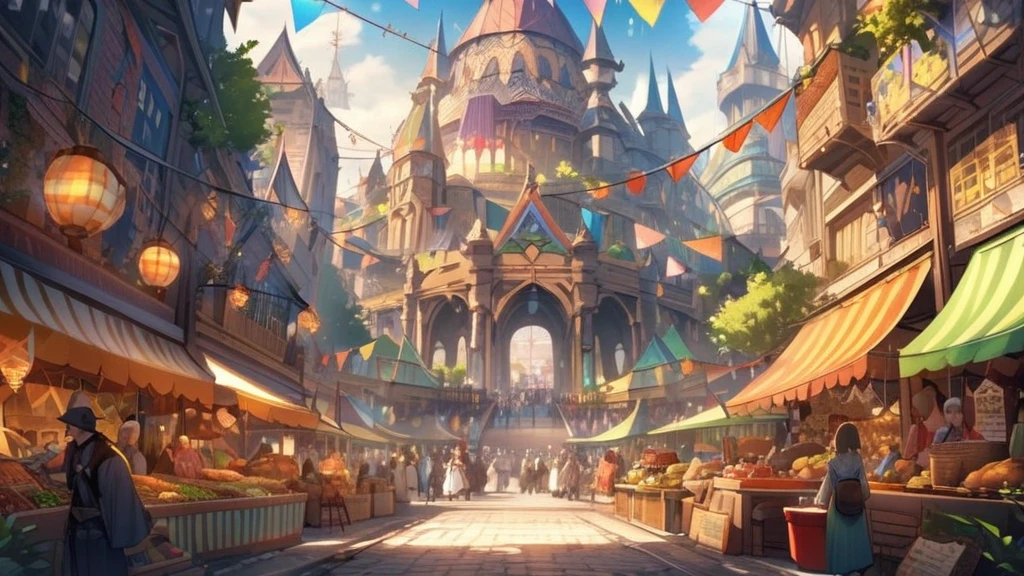 (masterpiece, highest quality:1.2), Step into the magical market、There, colorful tents and food stalls spread out before your eyes.。Fairies and elves smile as they display the goods.、Sells fascinating magical items and miraculous herbs。At the center of the market stands an ancient, magical tower.、Around it, wizards and adventurers from all over the world, past and present, gather and interact.。Curtains and flowers swaying in the wind々The scent of、The whole market is full of life and energy.