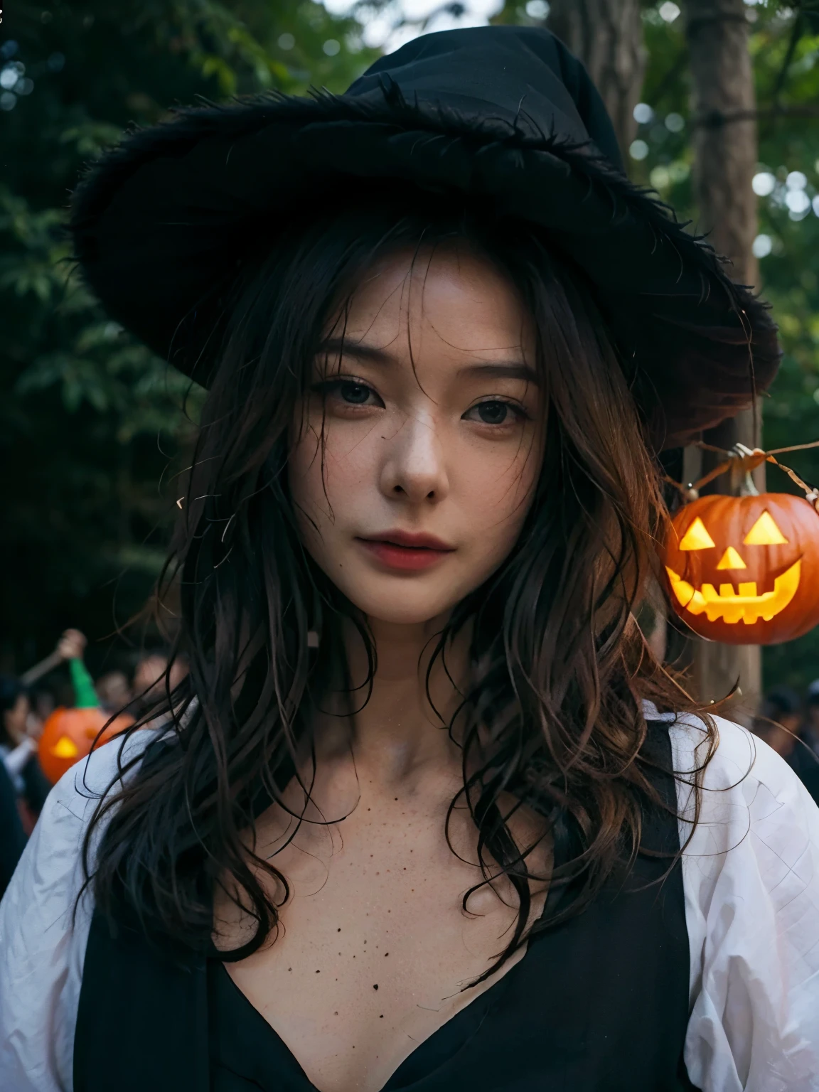 Vietnamese Korean girl, young witch cosplay, pumpkin lantern, Halloween Theme, witch&#39;s broom, Bird&#39;s-eye view, witch hat, smooth hair