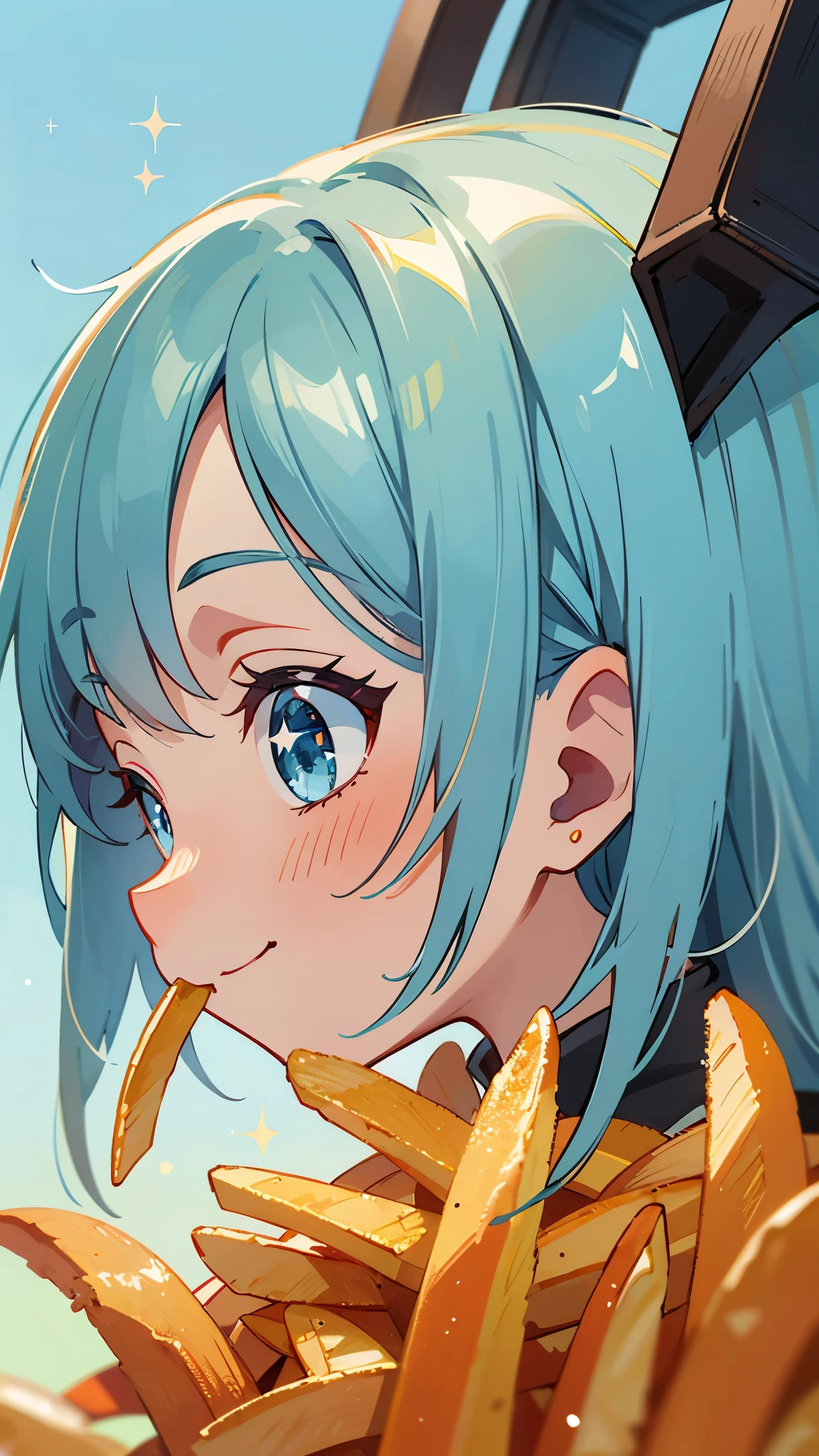 -yeld giAnime style painting、Upper body close-up、smile、From the side, impression, (Oil), Green and orange tones、Silver Hair, (Sparkling blue eyes)、Eating French Fries