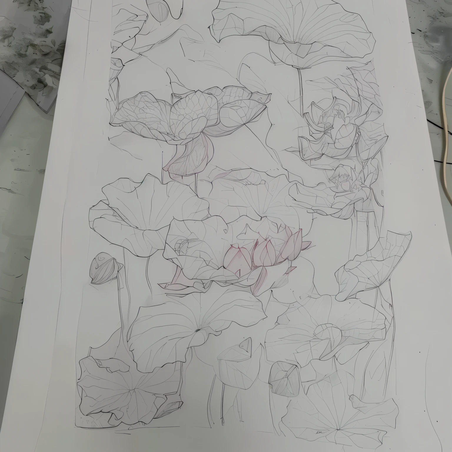 Based on this line drawing，Draw a picture of the Chinese New Year atmosphere，Red background，Over colored lotus leaf，小船小鱼游弋其间的illustration，illustration