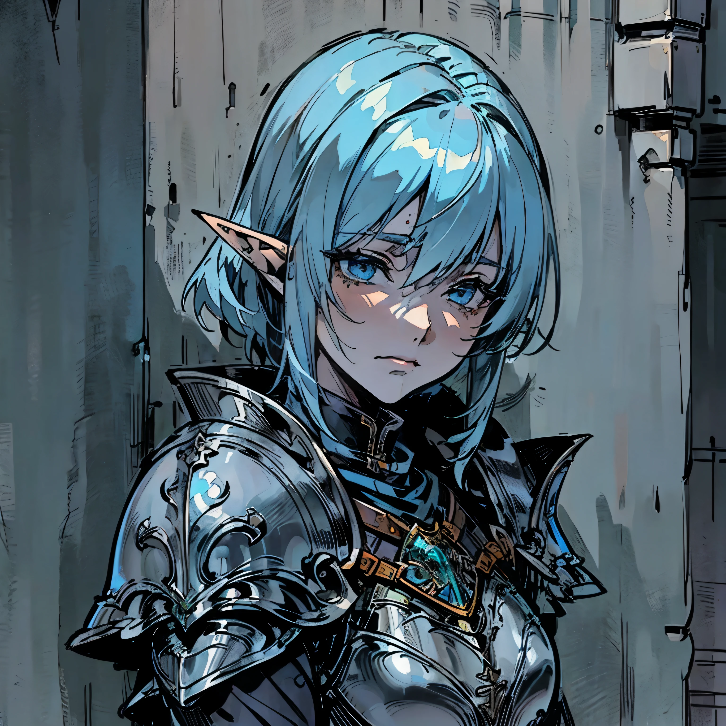 (Background: Town street) looking other way, leaning against a wall, Cleddyf the elf knight,Strong Female elf knight, wearing knight armor, short light blue hair, short, neutral look, blank smile, emotionless[Face close up, detailed face, attention to face, realistic anime], dark fantasy, medieval fantasy