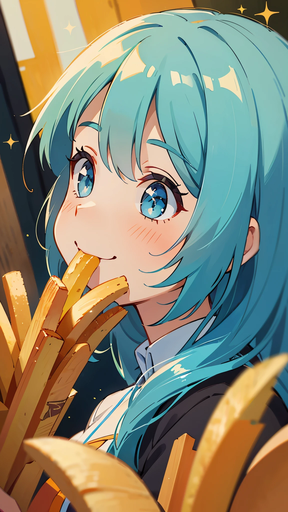 -yeld giAnime style painting、Upper body close-up、smile、From the side, impression, (Oil), Green and orange tones、Silver Hair, (Sparkling blue eyes)、Eating French Fries