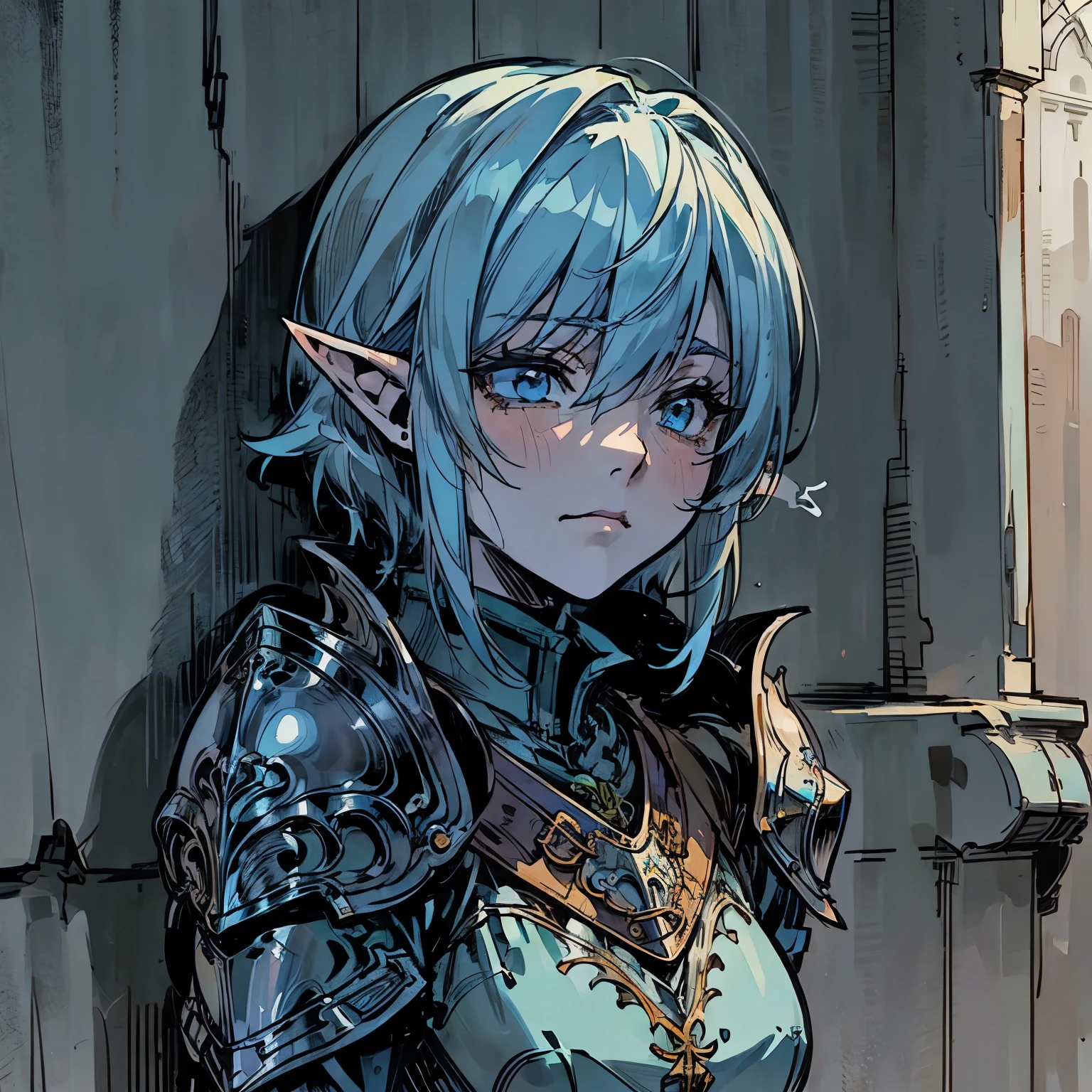 (Background: Town street) looking other way, leaning against a wall, Cleddyf the elf knight,Strong Female elf knight, wearing knight armor, short light blue hair, short, neutral look, blank smile, emotionless[Face close up, detailed face, attention to face, realistic anime], dark fantasy, medieval fantasy