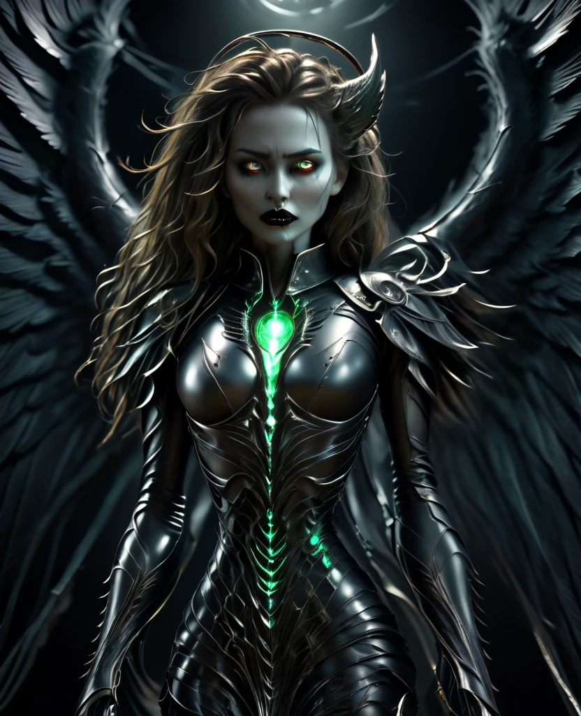 Hyper realistic photo Realism CG 8K In the darkness, a woman's figure is illuminated by a circular light that frames her head, young beautiful gruesome death angel, detailed realistic skeletal face, thick curved lips, perfect makeup.long messy hair, Long decaying wing, voluptuous curved breasts, narrow waist, 