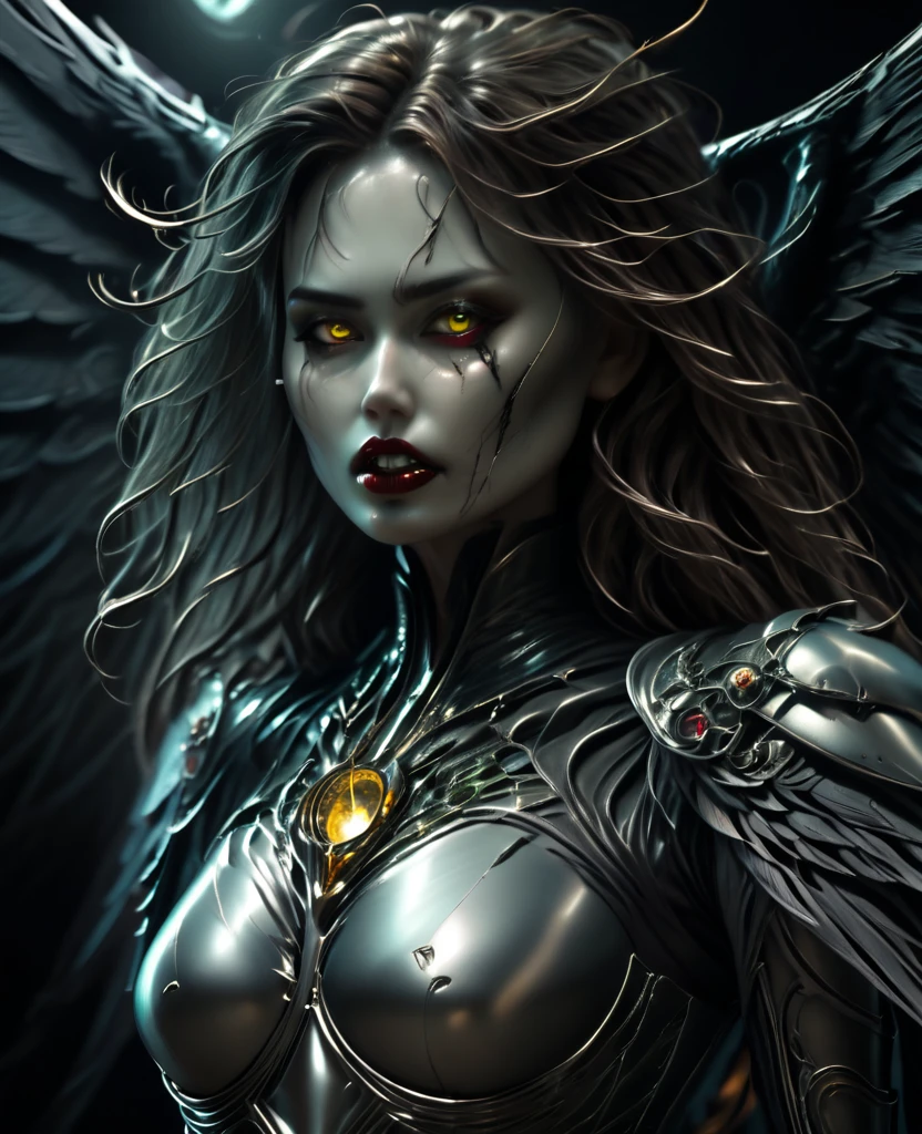 Hyper realistic photo Realism CG 8K In the darkness, a woman's figure is illuminated by a circular light that frames her head, young beautiful gruesome death angel, detailed realistic skeletal face, thick curved lips, perfect makeup.long messy hair, Long decaying wing, voluptuous curved breasts, narrow waist, 