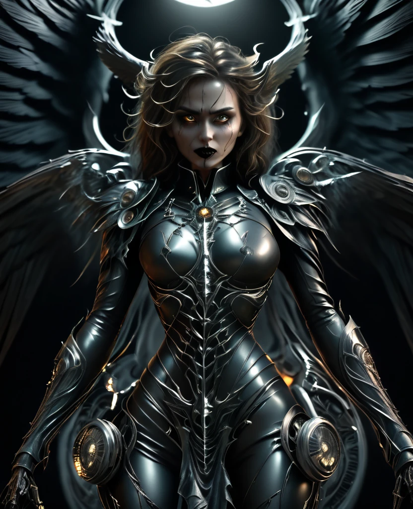 Hyper realistic photo Realism CG 8K In the darkness, a woman's figure is illuminated by a circular light that frames her head, young beautiful gruesome death angel, detailed realistic skeletal face, thick curved lips, perfect makeup.long messy hair, Long decaying wing, voluptuous curved breasts, narrow waist,
