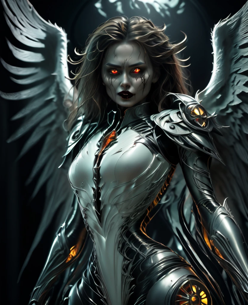 Hyper realistic photo Realism CG 8K In the darkness, a woman's figure is illuminated by a circular light that frames her head, young beautiful gruesome death angel, detailed realistic skeletal face, thick curved lips, perfect makeup.long messy hair, Long decaying wing, voluptuous curved breasts, narrow waist, 