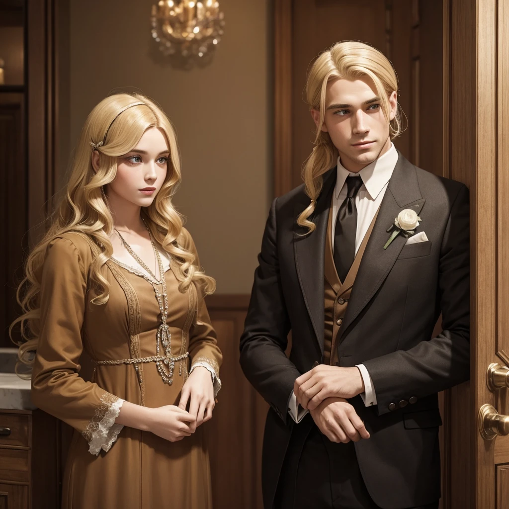 A man with blonde hair and a woman with long brown hair from the 1920s as a couple