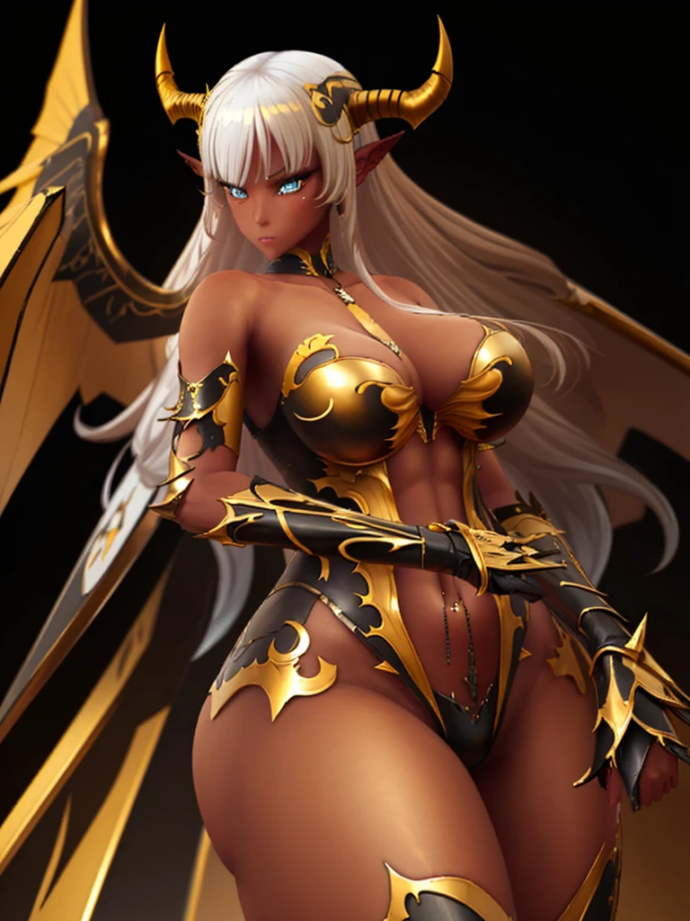 Female devil in hell,dark gold hair,yellow eye,black and yellow costume, armor and wing made from bone animal