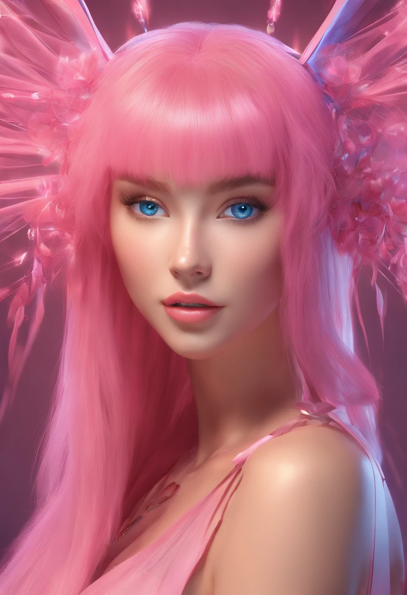 Big art fairy hermosa curvi in pink long hair and bangs gold tones, blue eyes, pink lips, short tulle dress, illustration, 3d render, photo, realistic, typography, 3d render, anime, photo, poster, fashion, portrait photography, conceptual art, dark fantasy