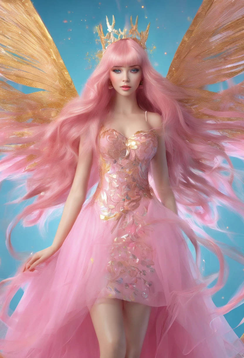 Big art fairy hermosa curvi in pink long hair and bangs gold tones, blue eyes, pink lips, short tulle dress, illustration, 3d render, photo, realistic, typography, 3d render, anime, photo, poster, fashion, portrait photography, conceptual art, dark fantasy