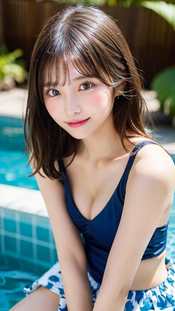 highest quality, shape, Very detailed, finely, High resolution, 8k wallpaper, 完璧なダイナミックな構shape, Beautiful and detailed, Summer clothes,Medium Hair,Natural color lip,smile,20-year-old girl、Midnight、Beautiful and elaborate face、Perfect and beautiful face、Slim face and figure,spread your arms wide,Big eyes,Take a photo with your face raised from below your knees、Small face、Beautifully detailed face、Perfect and beautiful double eyelids、Big cleavage、Thin legs、One Woman、Gravure idol、bikini、Hawaii、Pool