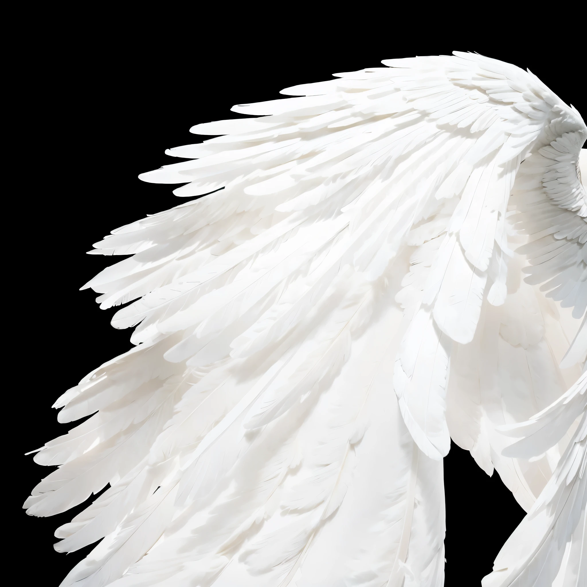 white bright glowing angel on black background, white realistic feather on wings, flying pose, ascending, angelic pose, angel wings facing bottom, ascending wing pose, very big wings, giant angel wings on closeup, closeup angel wings, angel is light source, over exposured angel, masterpiece photo, photorealism, detailed angel wings