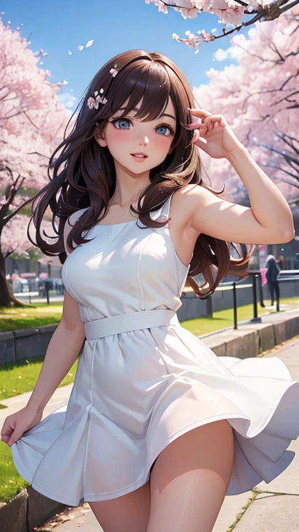 ((masterpiece, highest quality, High resolution, Hyper HD, Pixel perfect, Depth of written boundary, 4K, RTTX 10.0, High resolution))), One girl, single, alone, Beautiful Anime Girls, Beautiful art style, Anime Figures, ((Long Hair, bangs, Brown Hair, Curly Hair:0.8)), ((Shining Eyes、Light blue eyes:1.4, Round eyes, Beautiful eyelashes, Realistic eyes)), ((Detailed face, Blushing:1.2)), ((Smooth texture:0.75, Realistic texture:0.65, Realistic:1.1, Anime CG Style)), (Big Breasts:1.4), Dynamic Angle, Perfect body, ((viewing angle, Dynamic pose, Portraiture)), ((White dress))、Beautiful thighs)), (whole body:1.4)、smile, Open your mouth, amusement park, ((Cherry tree, Cherry blossoms fall)), Natural light, Bright sky, sunlight、whole body
