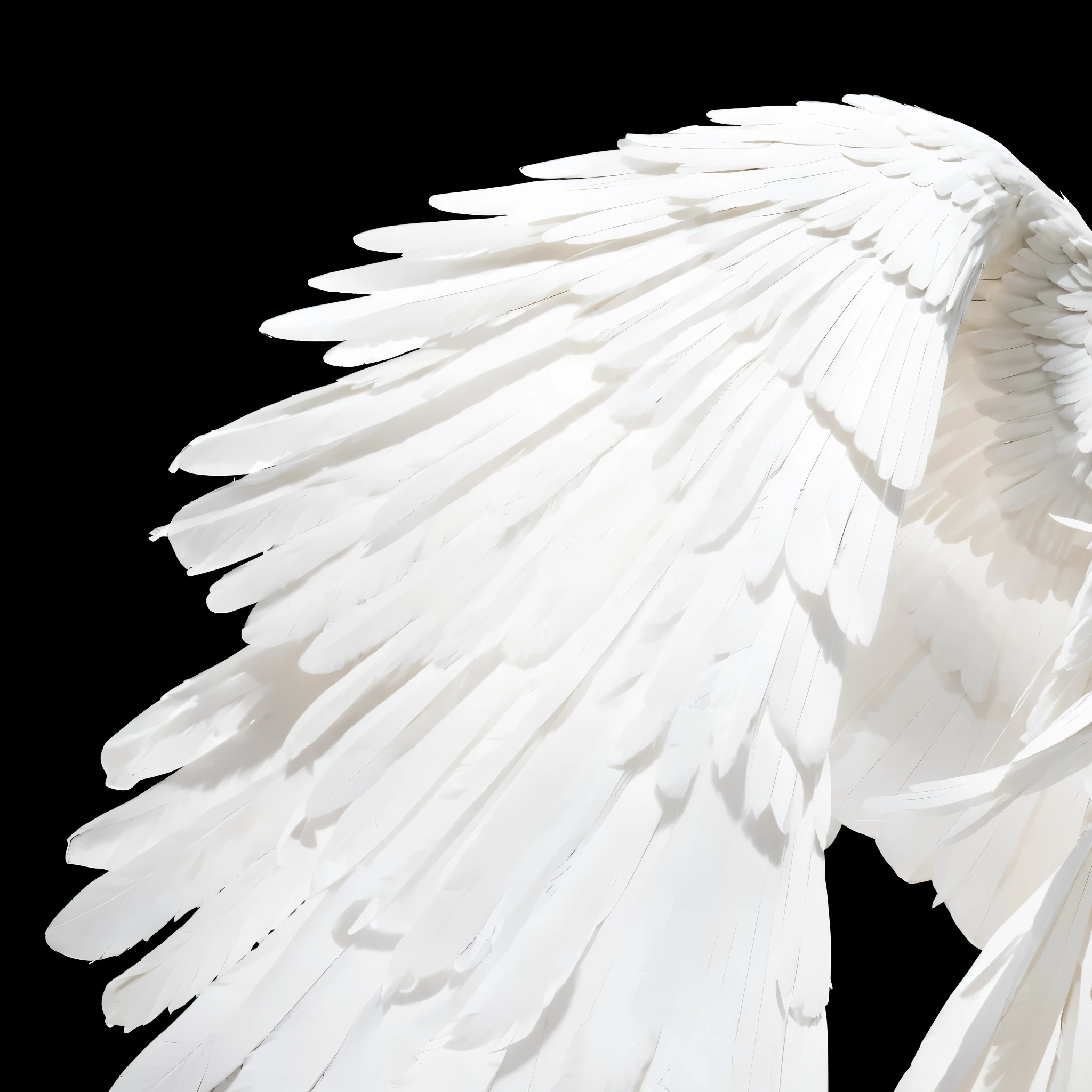 white bright glowing angel on black background, white realistic feather on wings, flying pose, ascending, angelic pose, angel wings facing bottom, ascending wing pose, very big wings, giant angel wings on closeup, closeup angel wings, angel is light source, over exposured angel, masterpiece photo, photorealism, detailed angel wings