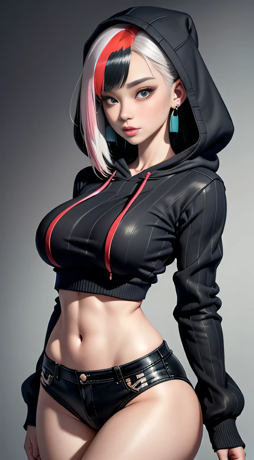 sfw, (hooded sweatshirt:1.1),((masterpiece)), ((best quality)), (ultra-detailed), ((extremely detailed)), 4K, (8K), best quality, (beautiful), extremely detailed,young girl, Cool Girl,(1girl), solo,bob cut,side braid,(two-tone coloring:1.6),beautiful white hair,(beautiful red hair),beautiful pink eyes, beautiful lips,(small breasts:1.2),slim, sad smile, earrings,(Lots of earrings),Ear Body Piercing, wearing bra,((skinny waist)), young asian girl, ((big breasted)),