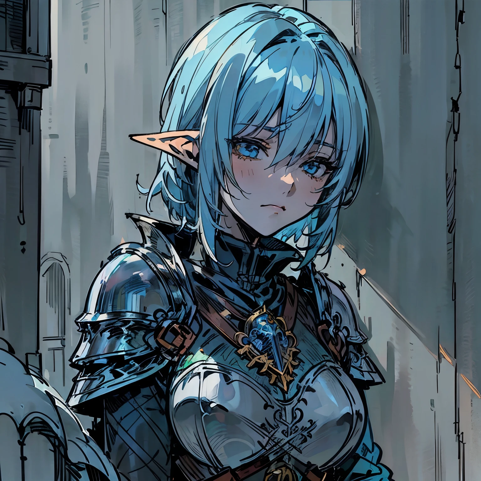 (Background: Town street) looking other way, leaning against a wall, Cleddyf the elf knight,Strong Female elf knight, wearing knight armor, short light blue hair, short, neutral look, blank smile, emotionless[Face close up, detailed face, attention to face, realistic anime], dark fantasy, medieval fantasy