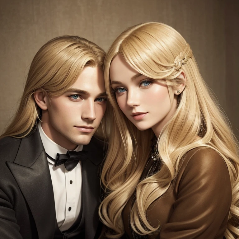 1 blonde woman, with blue eyes and long hair in the middle of 2 men with brown hair and suit