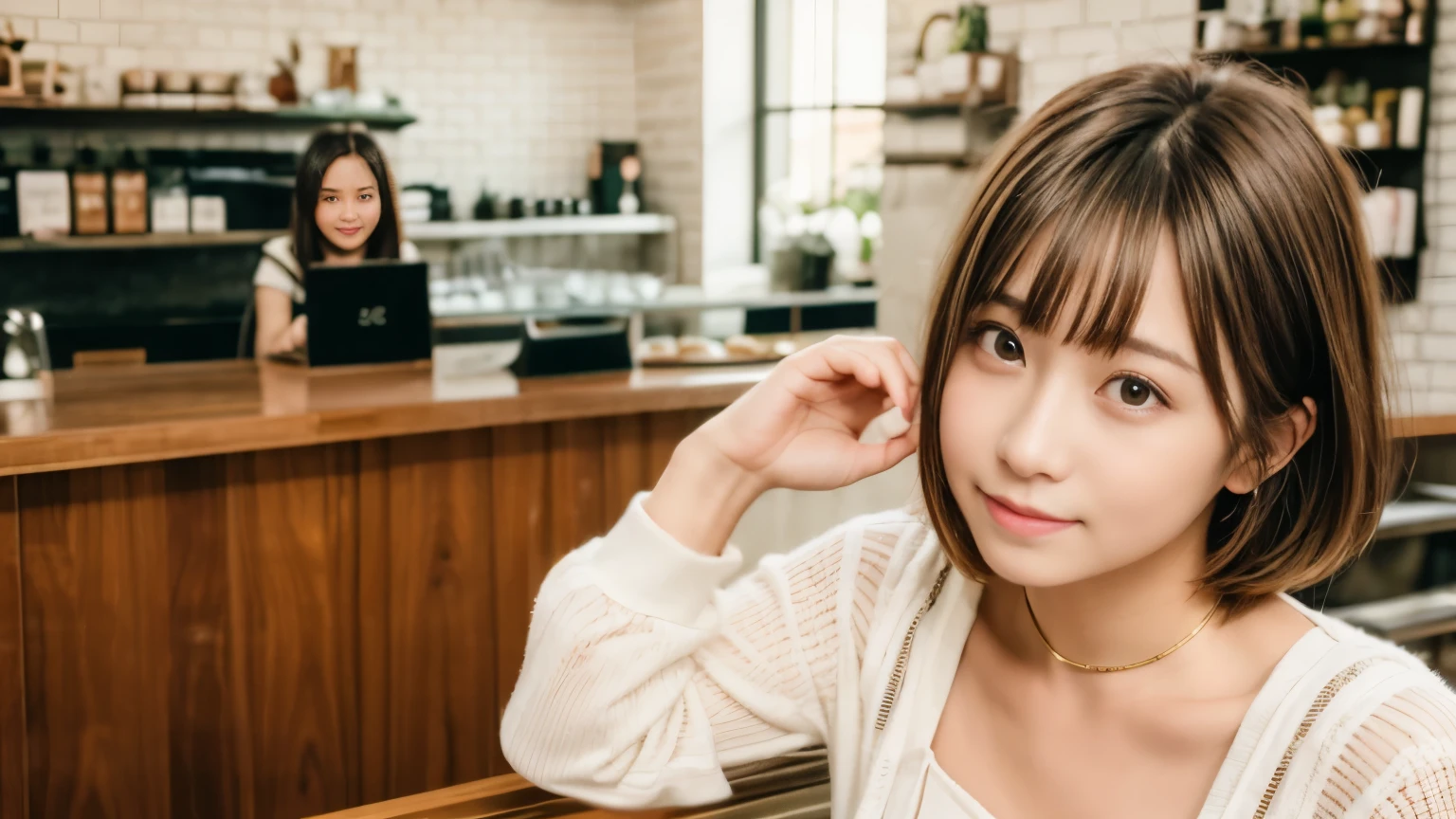 super high quality, Short Hair, Slender, Gravure photoshoot, The staff is working at the counter in the back., (8k、RAW Photos、highest quality、masterpiece:1.2), Japanese Idol, Shaggy, Stylish café, (Realistic、Photorealistic:1.37), Mesh Hair, choker, Normal chest, Urban Cafe, Golden Ratio, Raw photo, Cute face , Light Brown Hair, Bright cafe interior, Blurred Background, Spring Clothes, A sweet expression, Watching the audience, Beautiful hairstyle, Spoiled, Hair blowing in the wind, Neat clothes, 18-year-old, younger sister, 
