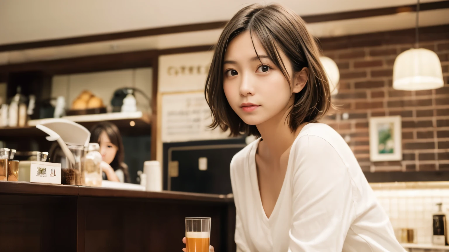 super high quality, Short Hair, Slender, Gravure photoshoot, The staff is working at the counter in the back., (8k、RAW Photos、highest quality、masterpiece:1.2), Japanese Idol, Stylish café, (Realistic、Photorealistic:1.37), Mesh Hair, Normal chest, Urban Cafe, Golden Ratio, Raw photo, Cute face , Light Brown Hair, Bright cafe interior, Blurred Background, Spring Clothes, A sweet expression, Curly Hair, Watching the audience, Beautiful hairstyle, Spoiled, Obedience, Troubled expression, Hair blowing in the wind, Neat clothes, 18-year-old, younger sister,