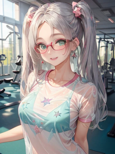 小さなgirl、The arrival of spring、Thick thighs、 (alone:1.5,)Very detailed,Bright colors, Very beautiful detailed anime faces and eyes, Look straight ahead, ;d, Shiny_skin,girl, ((Silver long hair,The inner color is red 、Study Room、Forehead is exposed.、Green Eyes、Glasses、Shiny hair, Delicate beautiful face, blush、(Turquoise Eyes), White skin, Valletta, Earrings,、blue flower field、(((Star pattern pink、See-through、Pink Blouse、See-through、Wearing white gym clothes)))、Twin tails、smile、smile、Face dyed red