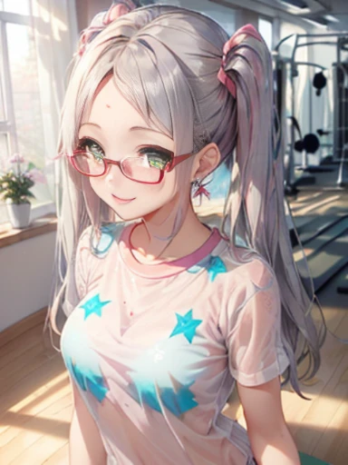 小さなgirl、The arrival of spring、Thick thighs、 (alone:1.5,)Very detailed,Bright colors, Very beautiful detailed anime faces and eyes, Look straight ahead, ;d, Shiny_skin,girl, ((Silver long hair,The inner color is red 、Study Room、Forehead is exposed.、Green Eyes、Glasses、Shiny hair, Delicate beautiful face, blush、(Turquoise Eyes), White skin, Valletta, Earrings,、blue flower field、(((Star pattern pink、See-through、Pink Blouse、See-through、Wearing white gym clothes)))、Twin tails、smile、smile、Face dyed red