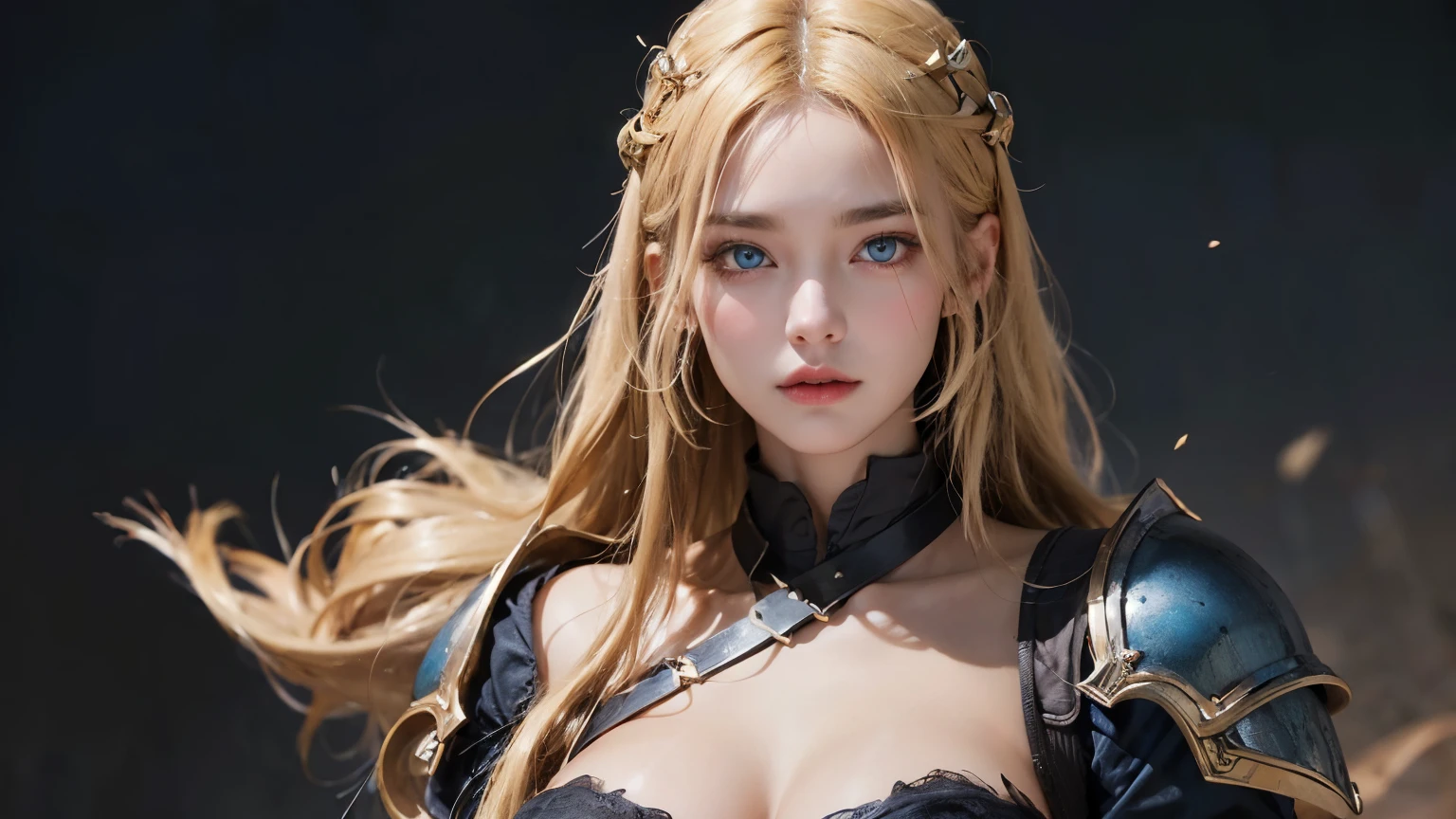 (Upper body:1.5), 1girll, Depth of field, offcial art, Unity 8k wallpaper, Ultra detailed, illustration, Beautiful and aesthetic, Masterpiece, Best quality, cavalier, (Big breasts), (A MILF, Mature female), Charming Russian model Nata Lee, (Black armor, Armor, chest plate), Beautiful face, (Long hair, light blonde hair, Very straight hair:1.4, hime-cut:1.4), Blue eyes, Cowboy shot, Glowing skin, back Lighting, Athletic figure, Muscular female, Curvy, Wide hips, Colorful, view the viewer, Hyperrealistic, Gradient background, Dark background, outline, fantasy, From the front, aquarelle, Traditional media, (color difference, Intricate details)